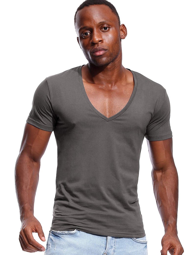 Zbrandy Deep V Neck T Shirt for Men Low Cut Vneck Invisible Tee Vee Top Dark Grey M - Image 1